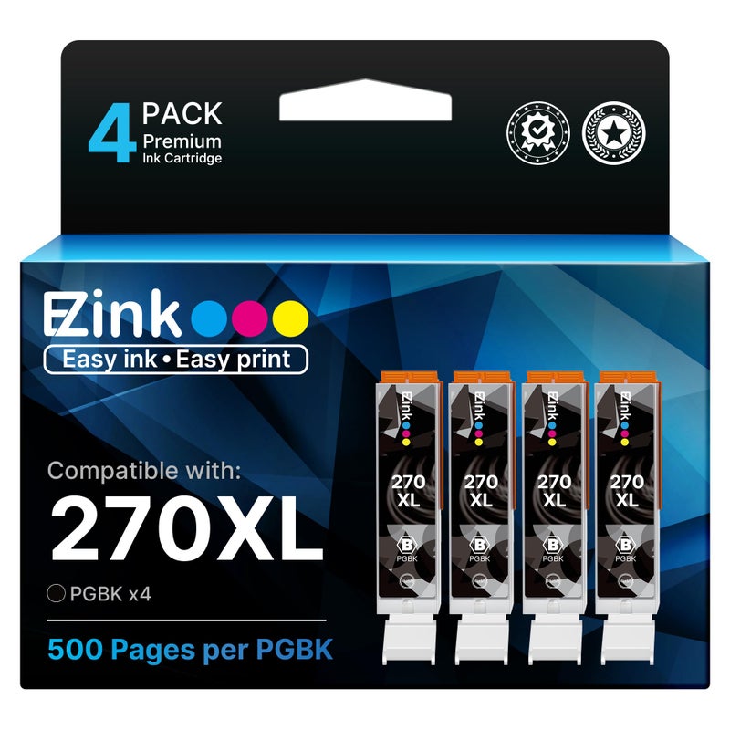 E-Z Ink 270XL 270 XL PGBK Ink Cartridges Compatible for Canon 270XL PGI-270XL PGI-270 270 XL Black Ink to use with Pixma TS9020 TS6020 TS5020 MG7720 MG6820 MG5720 MG5721 MG5722 MG6821 MG6822 TS8020,4 Pack - Image 1